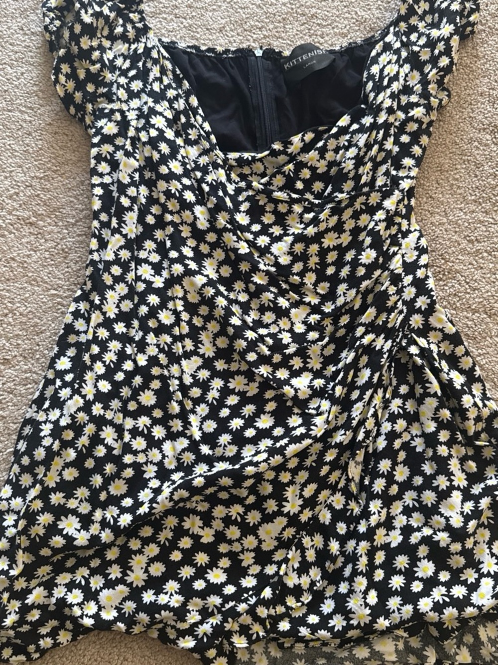 Kittenish Black Mini Dress with White & Yellow Daisy Print
